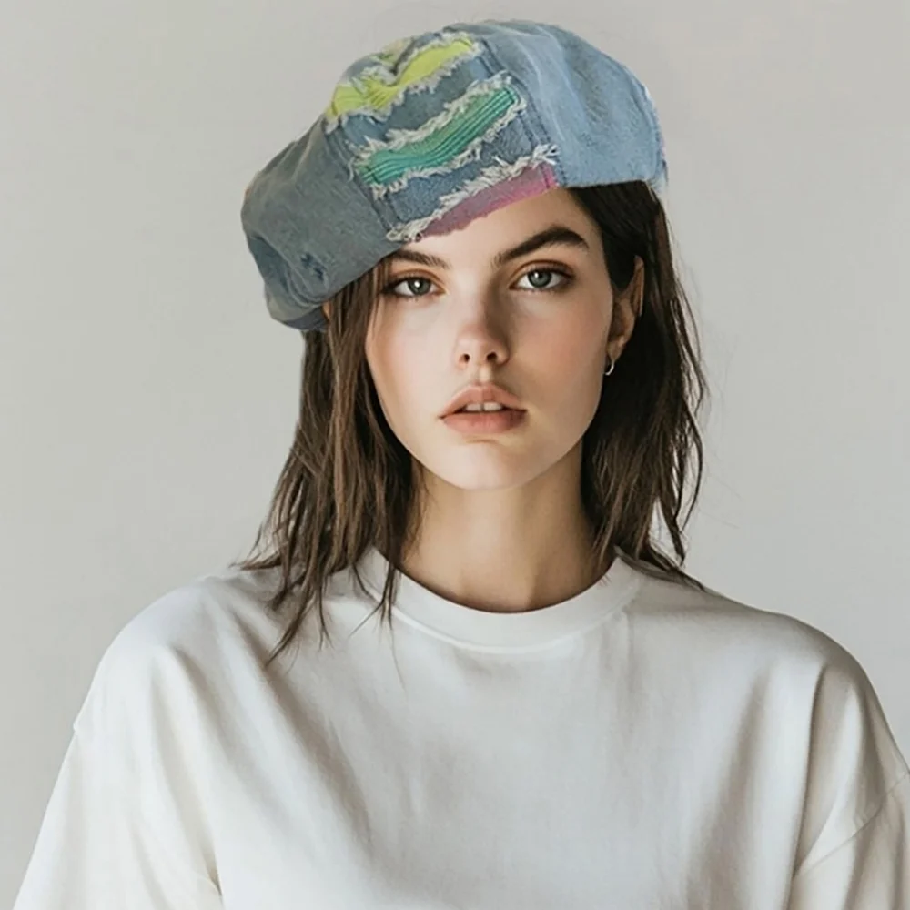 NWT Light Denim Patchwork Multi Fringe Beret Boho Stylish Hat